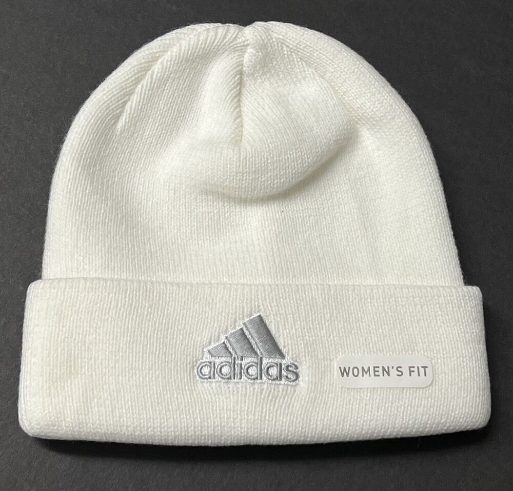 Womens Adidas Winter Hat Stocking Cap Fold Over Knit Beanie White / Silver-Grey